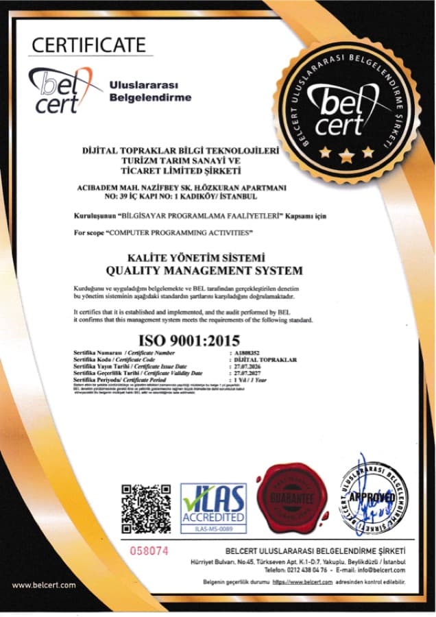 ISO 9001:2015 Kalite Yönetim Sistemi sertifikası